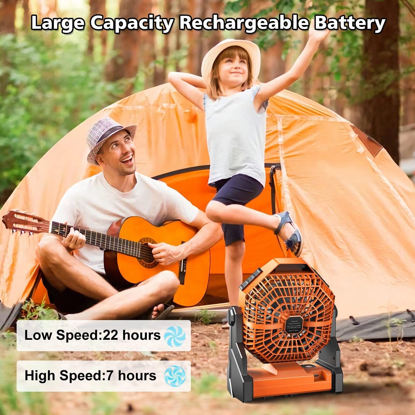Portable Camping Fan with LED Light & Rechargeable Battery