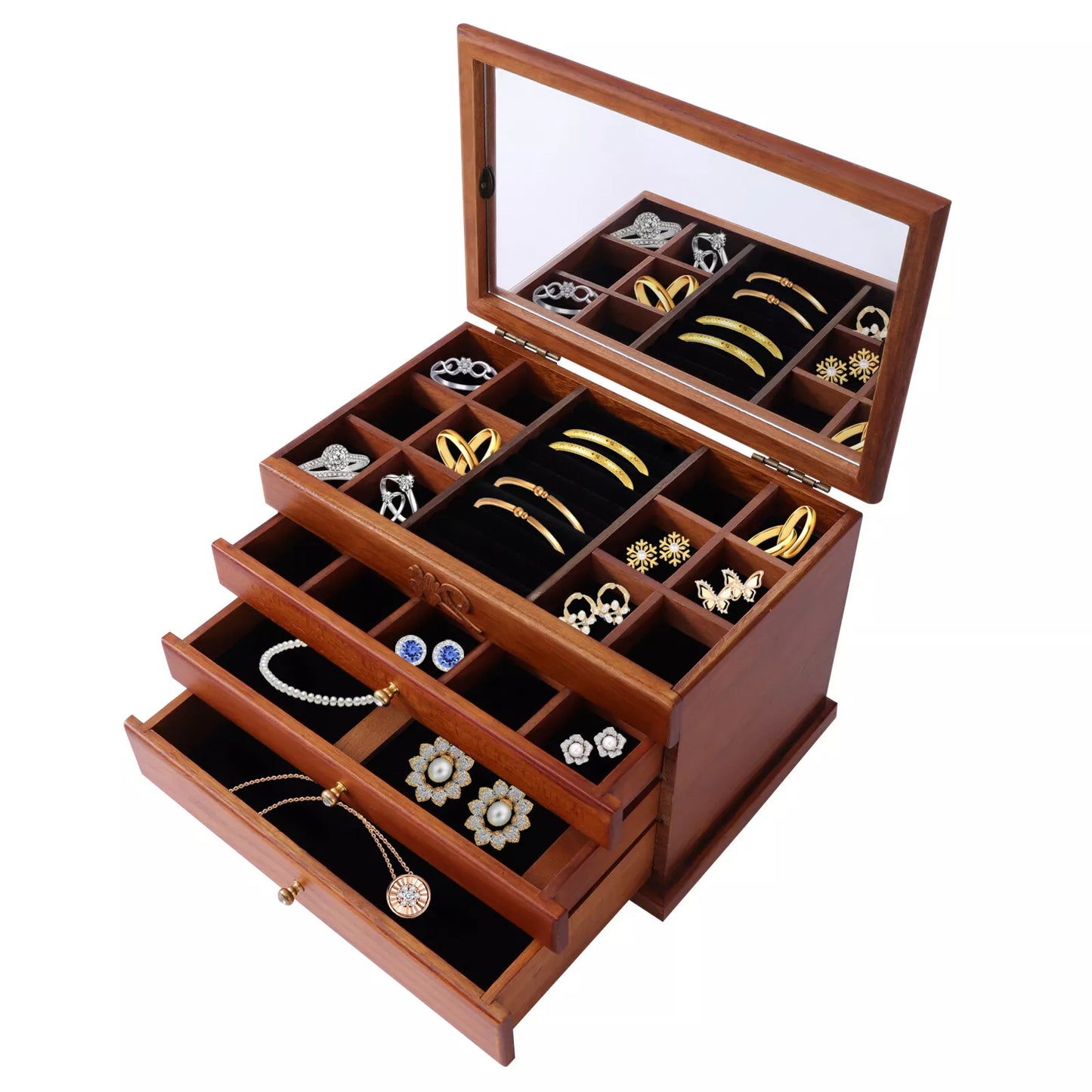 Wooden Jewelry Box Organizer - 4-Layer Storage with Drawer