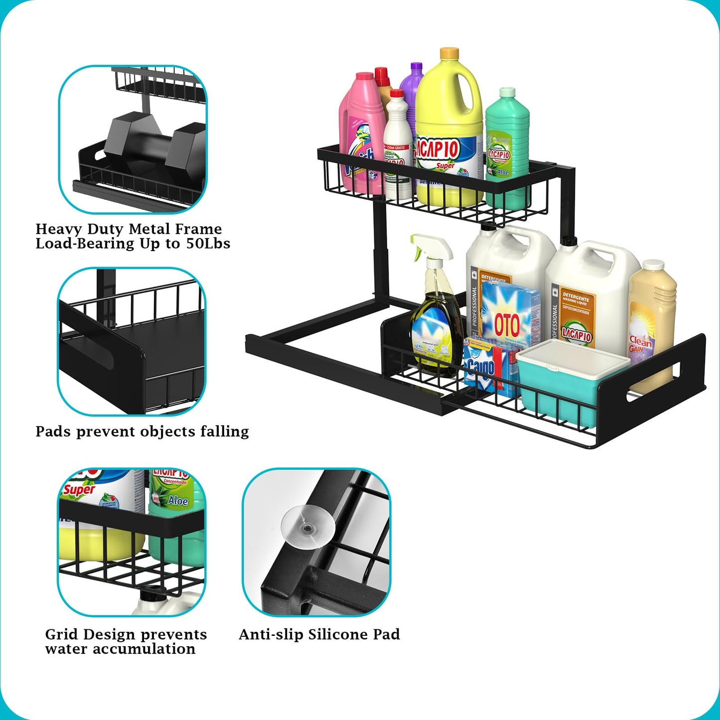 Under Sink Organizer - 2 Tier Slide Out Storage Solution