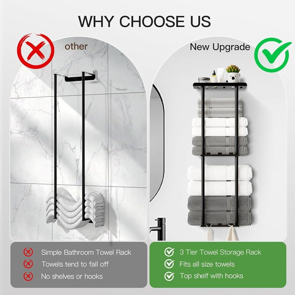 Wall Mounted Towel Rack: 3-Tier Storage with Hooks & Shelf