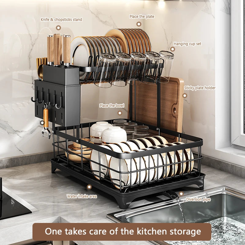 Rustproof Kitchen Dish Rack, Space-Saving 2-Tier with Drainboard