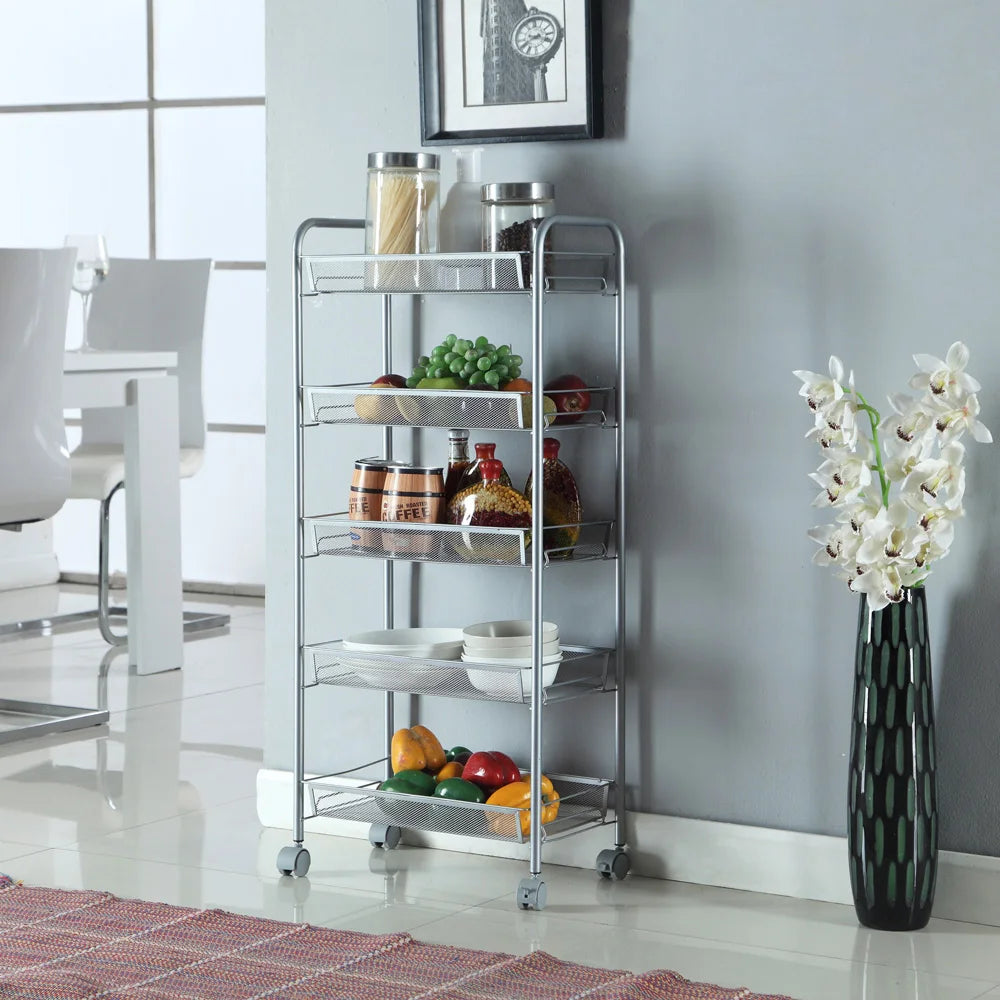 Honeycomb Mesh 5-Layer Storage Cart with Wheels - Silver