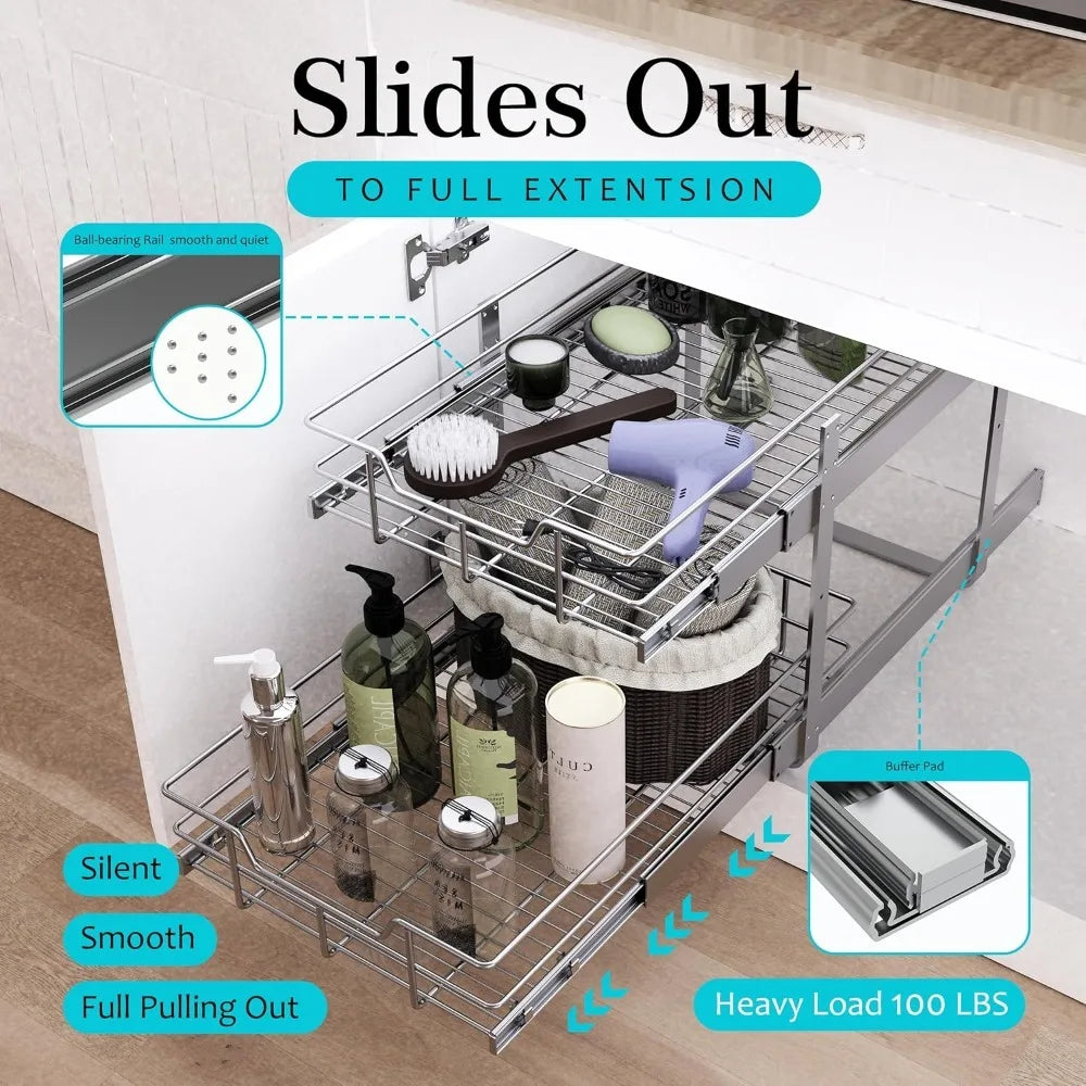 Pull Out Cabinet Organizer - 2 Tier Slide Out Drawers 11"x22"