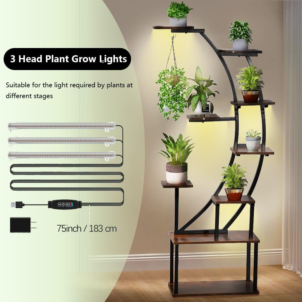 Black Plant Stand with Grow Light - 9 Tier Metal Shelf