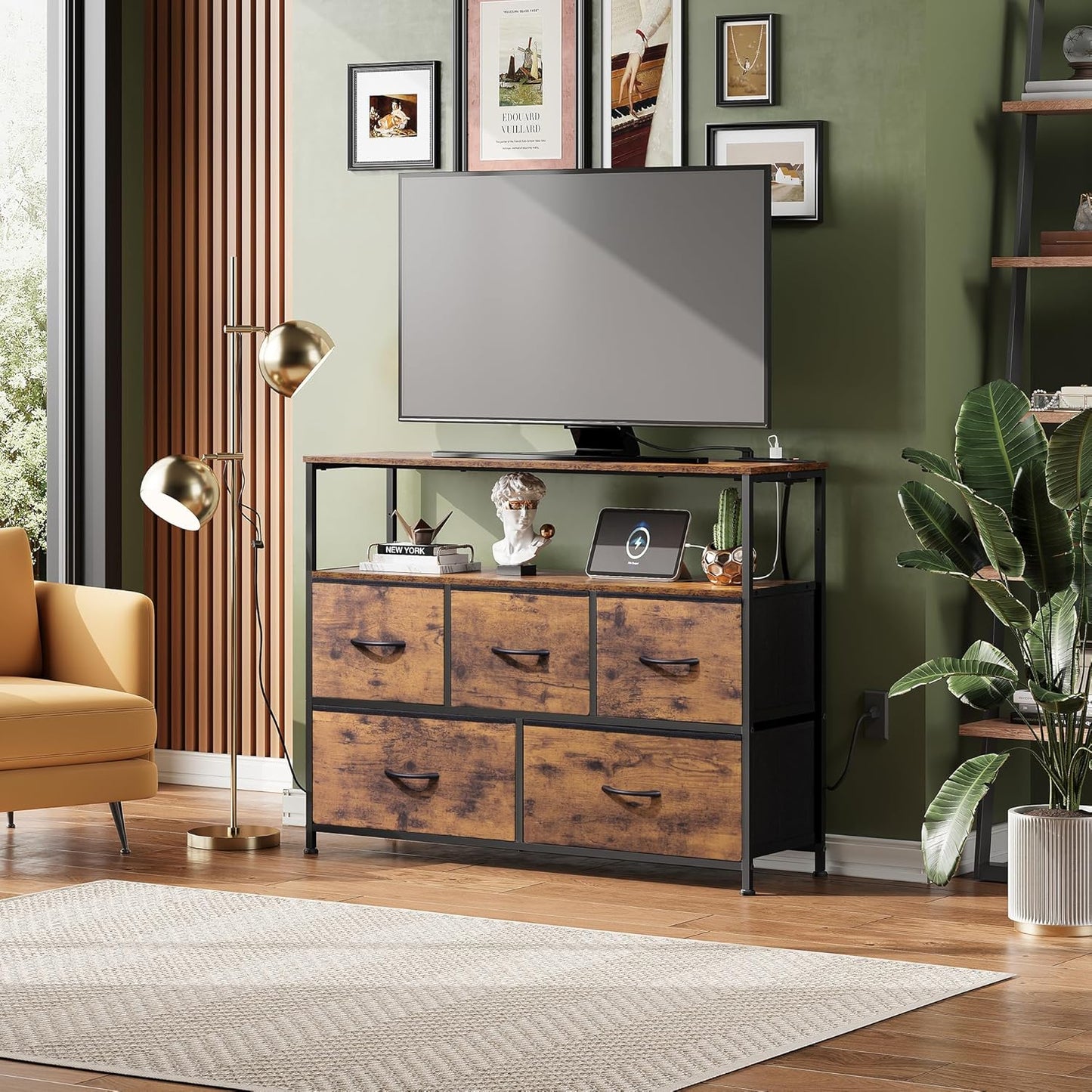 Dresser with Charging Station - 5 Drawer Fabric Chest