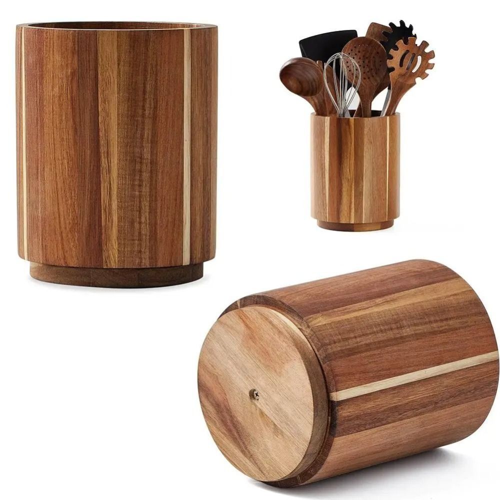Wooden Utensil Holder 360° Rotatable Non-Slip Kitchen Organizer