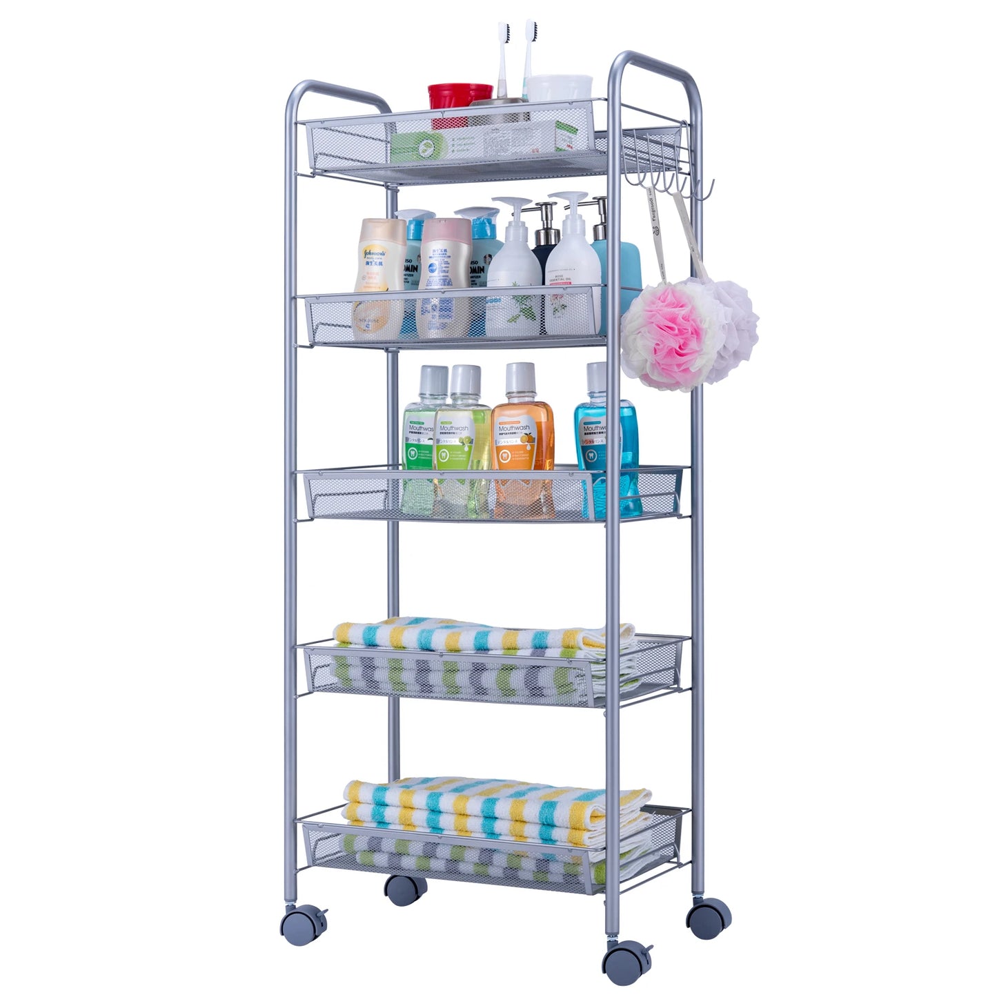 Honeycomb Mesh 5-Layer Storage Cart with Wheels - Silver