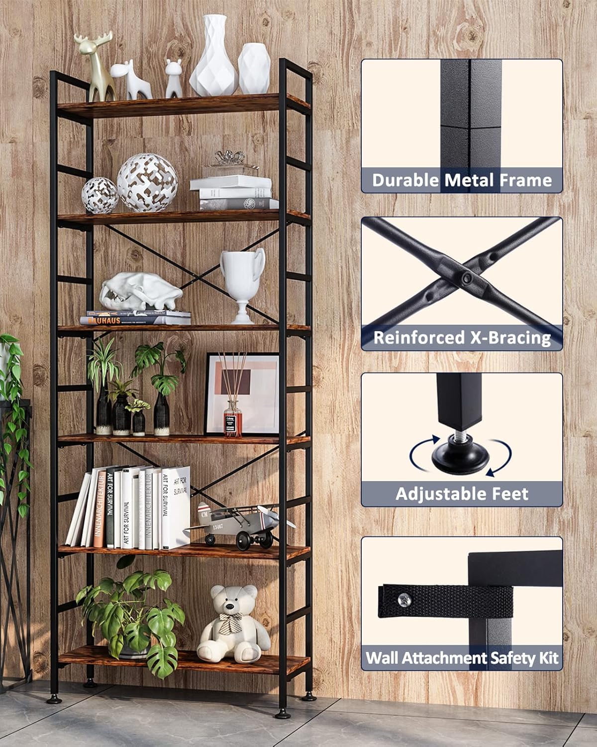 6-Tier Adjustable Bookcase, Rustic Wood & Metal Bookshelf