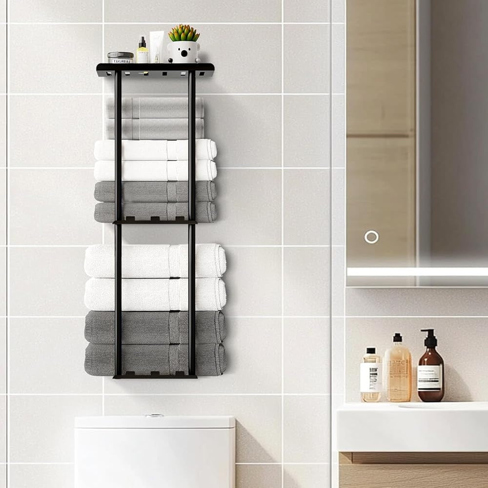 Wall Mounted Towel Rack: 3-Tier Storage with Hooks & Shelf