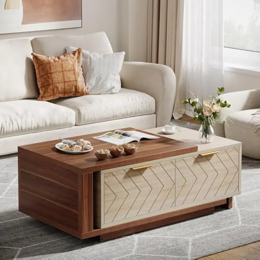 Extendable Wood Coffee Table with Storage & Dual-Tone Design