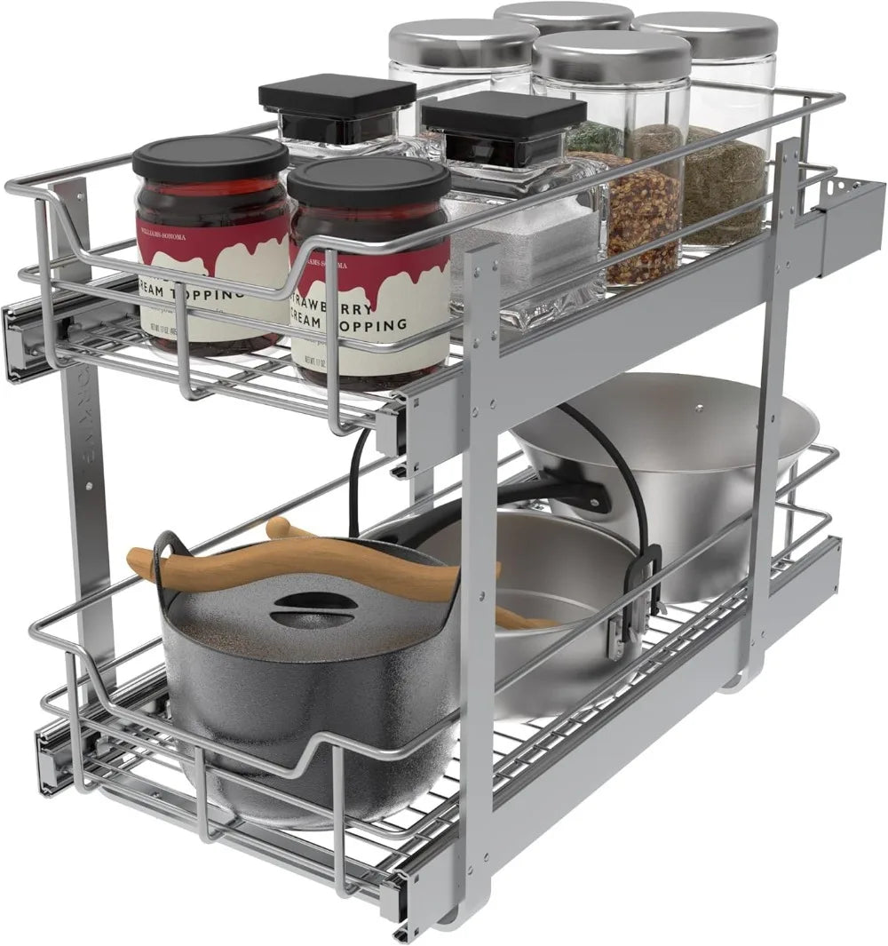 Pull Out Cabinet Organizer - 2 Tier Slide Out Drawers 11"x22"