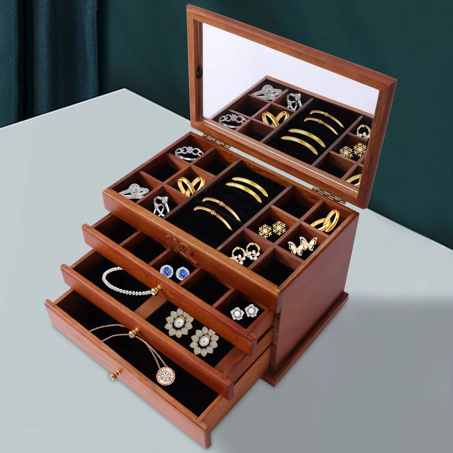 Wooden Jewelry Box Organizer - 4-Layer Storage with Drawer