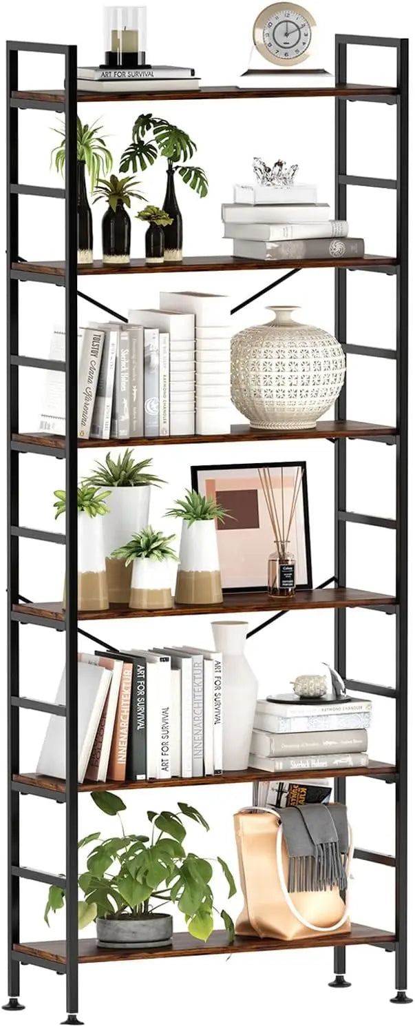 6-Tier Adjustable Bookcase, Rustic Wood & Metal Bookshelf