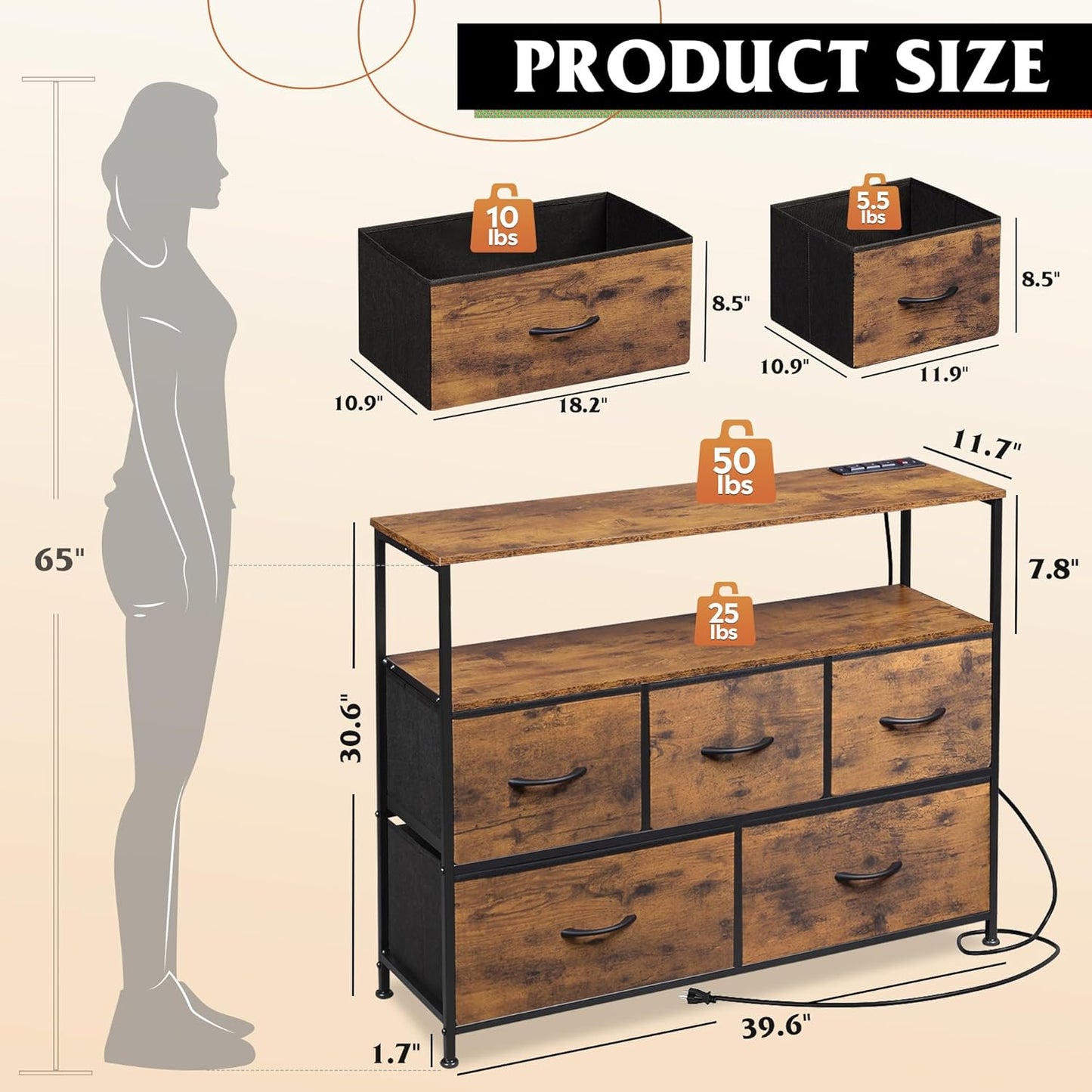 Dresser with Charging Station - 5 Drawer Fabric Chest