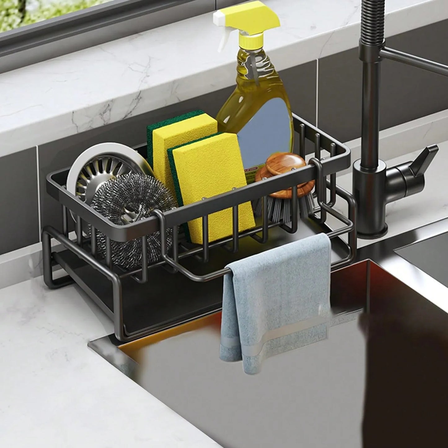 Kitchen Sink Caddy with Auto Drainage & Towel Rack