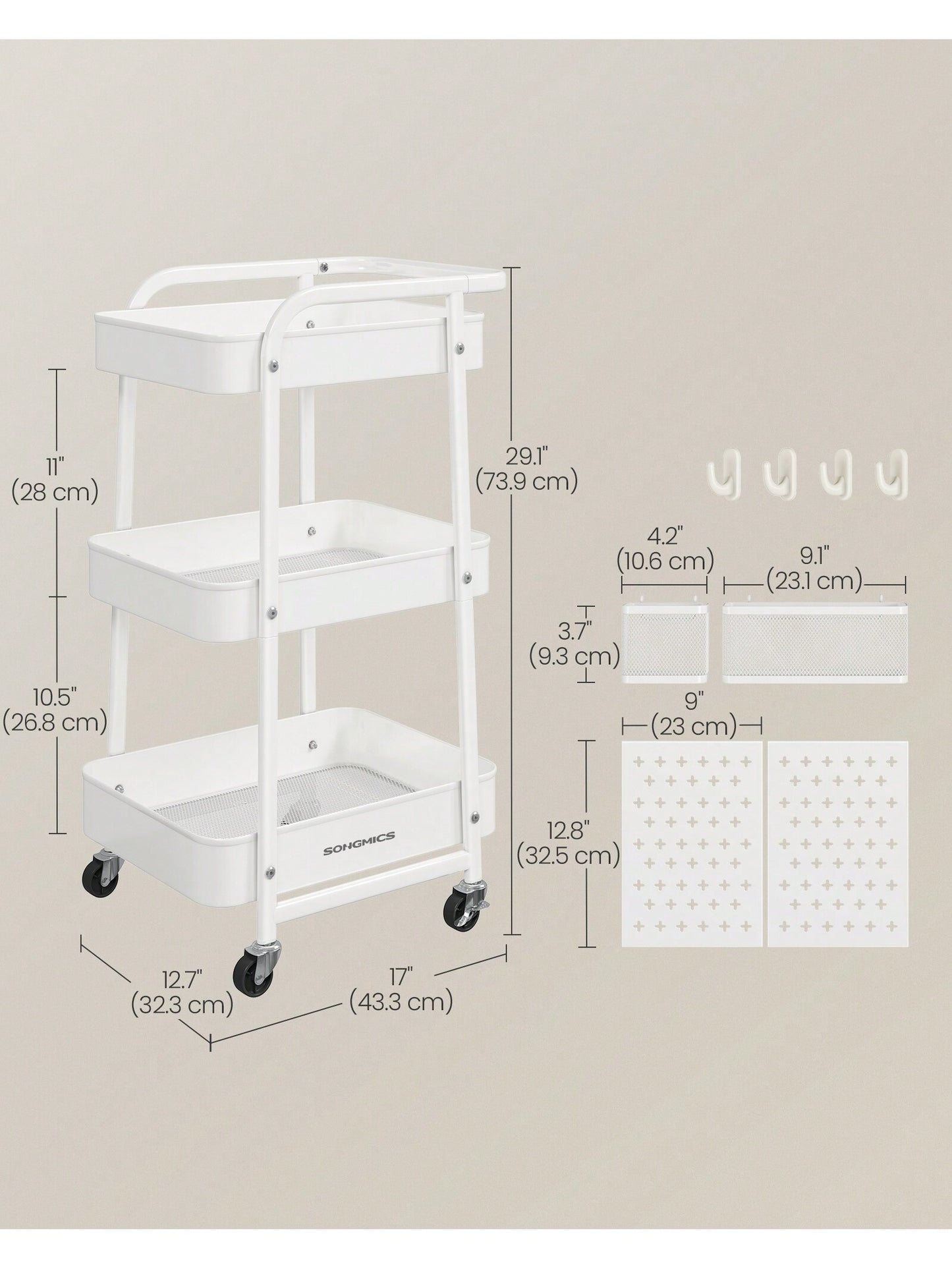 Storage Cart with Pegboards & Hooks - SONGMICS 3-Tier Rolling
