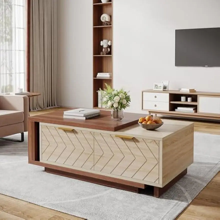 Extendable Wood Coffee Table with Storage & Dual-Tone Design