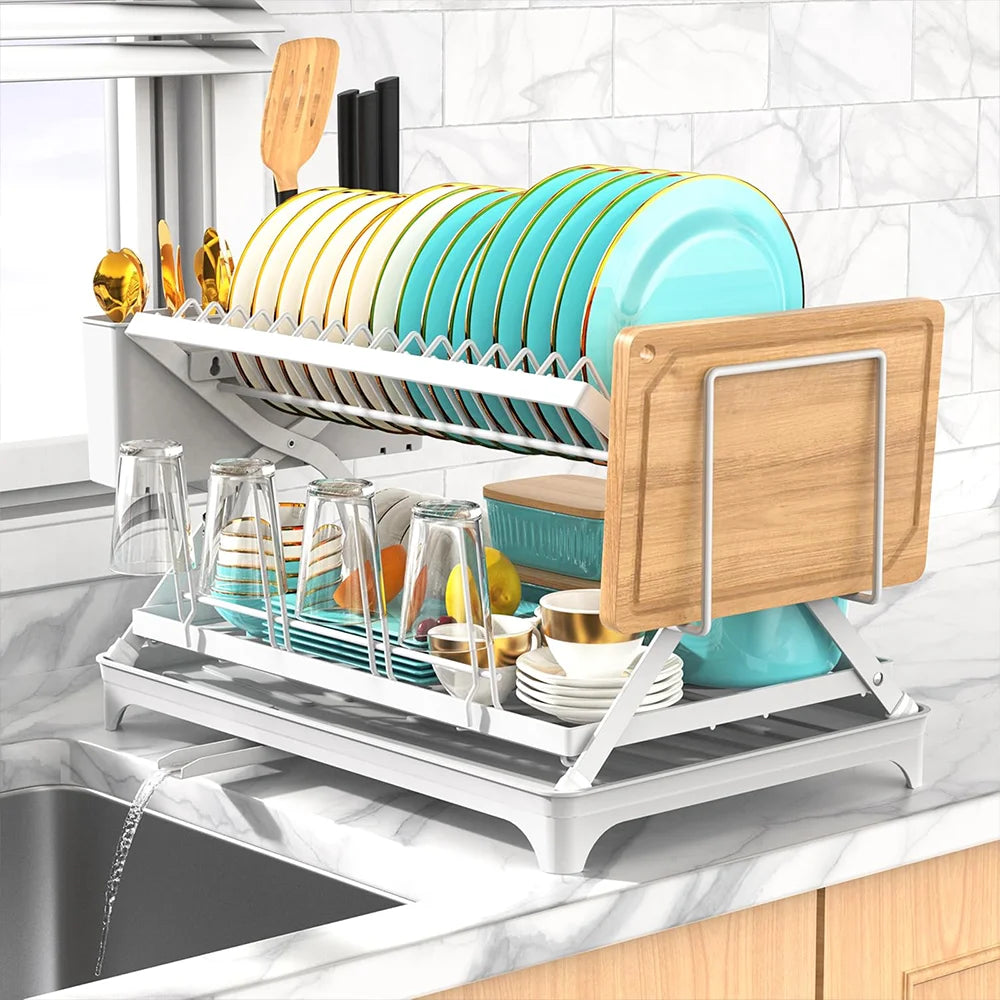 Collapsible Kitchen Dish Rack - 2-Tier, Drip Tray, Extendable Drain