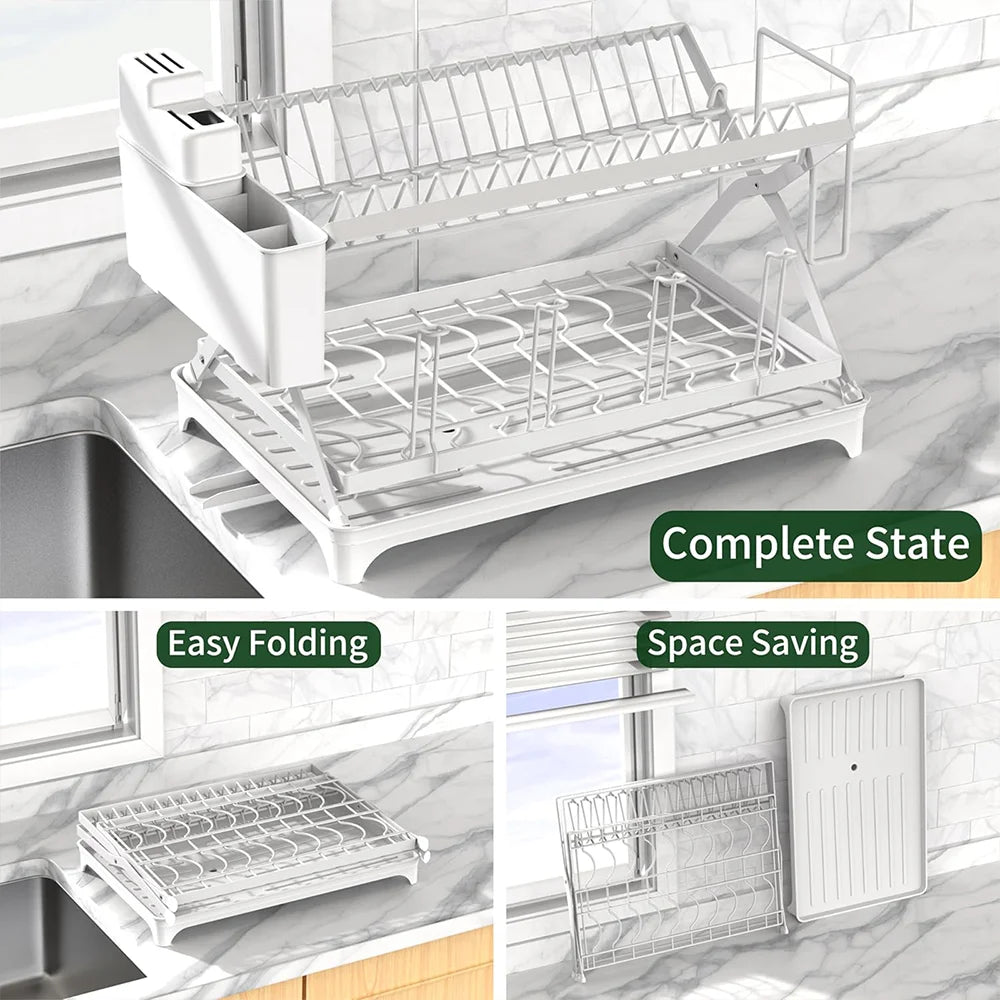 Collapsible Kitchen Dish Rack - 2-Tier, Drip Tray, Extendable Drain