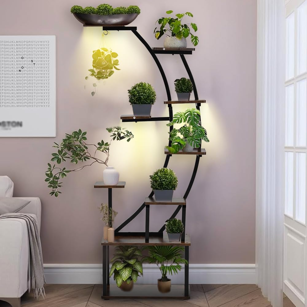 Black Plant Stand with Grow Light - 9 Tier Metal Shelf