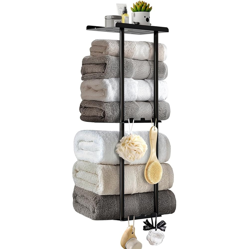 Wall Mounted Towel Rack: 3-Tier Storage with Hooks & Shelf