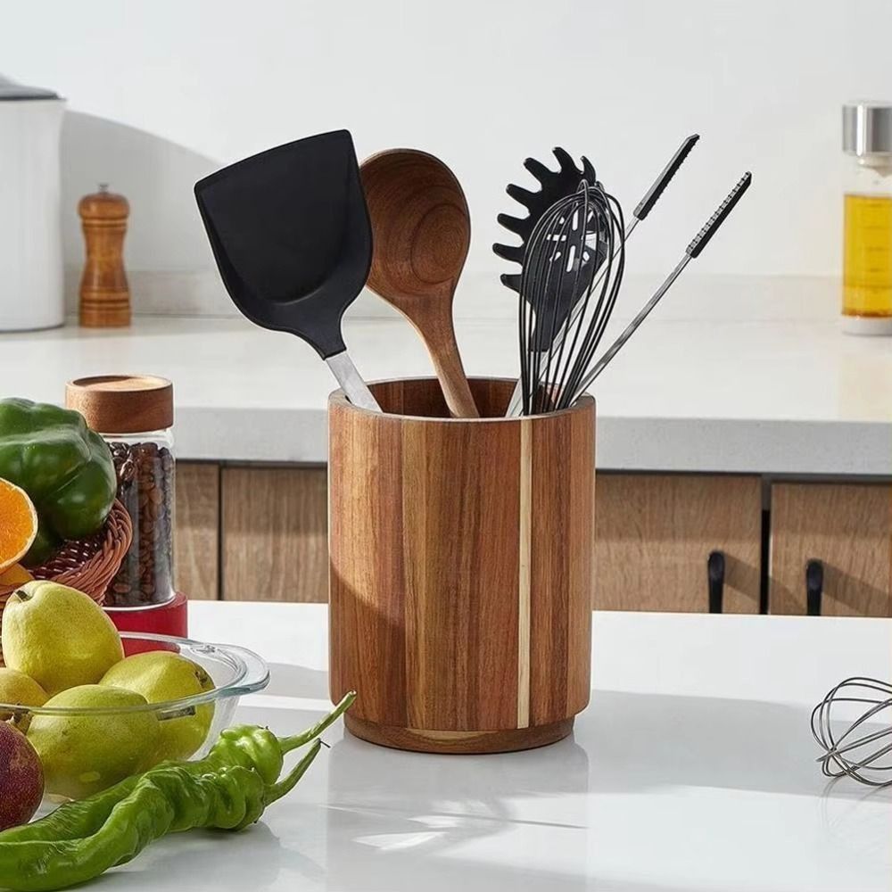 Wooden Utensil Holder 360° Rotatable Non-Slip Kitchen Organizer