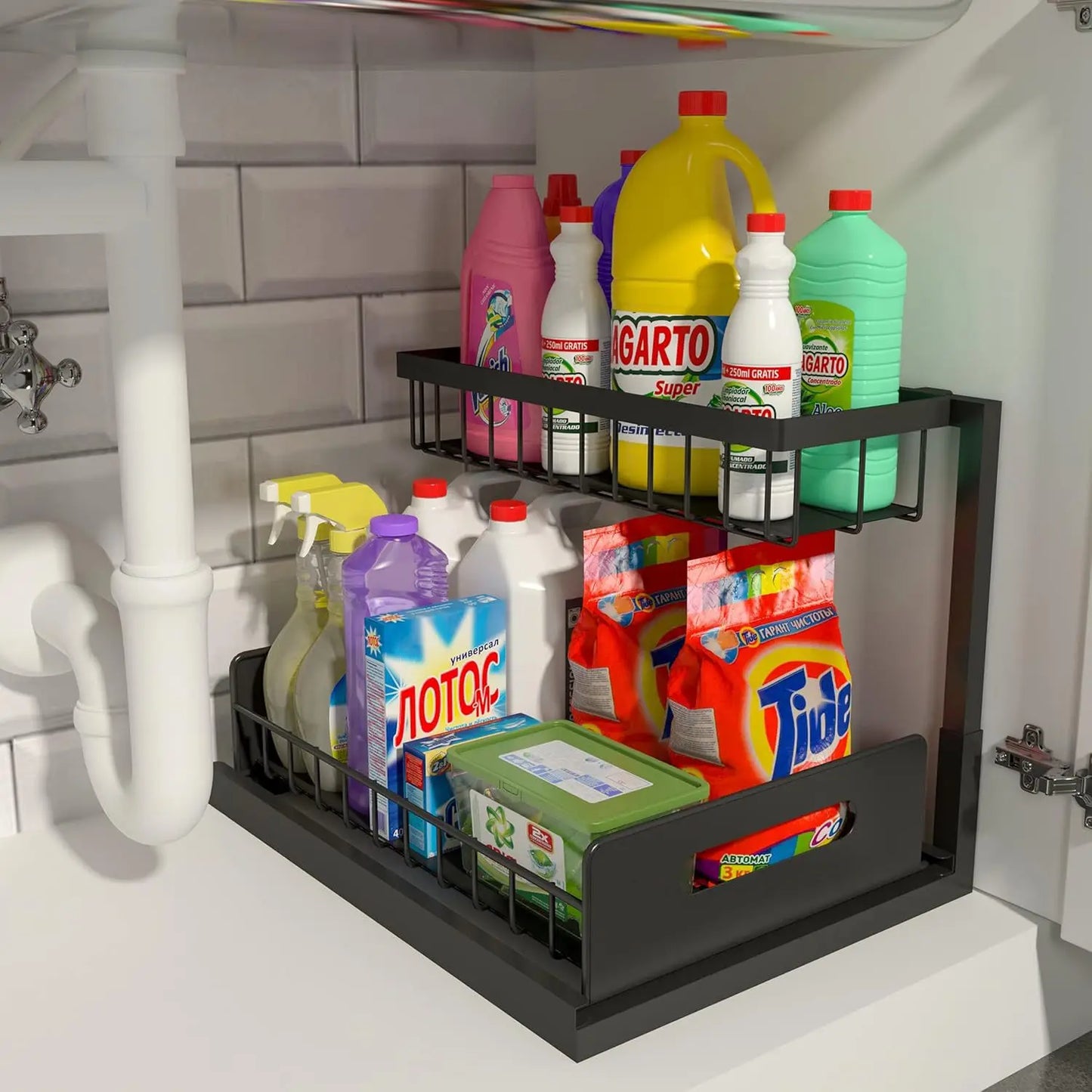 Under Sink Organizer - 2 Tier Slide Out Storage Solution