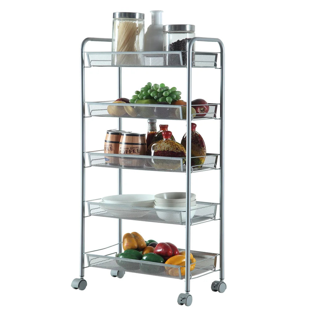 Honeycomb Mesh 5-Layer Storage Cart with Wheels - Silver