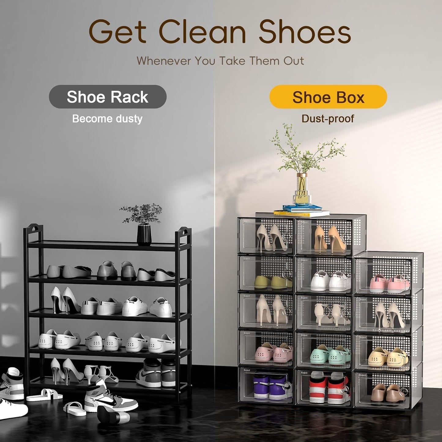 X-Large Clear Shoe Storage Boxes - Stackable 12 Pack Organizer