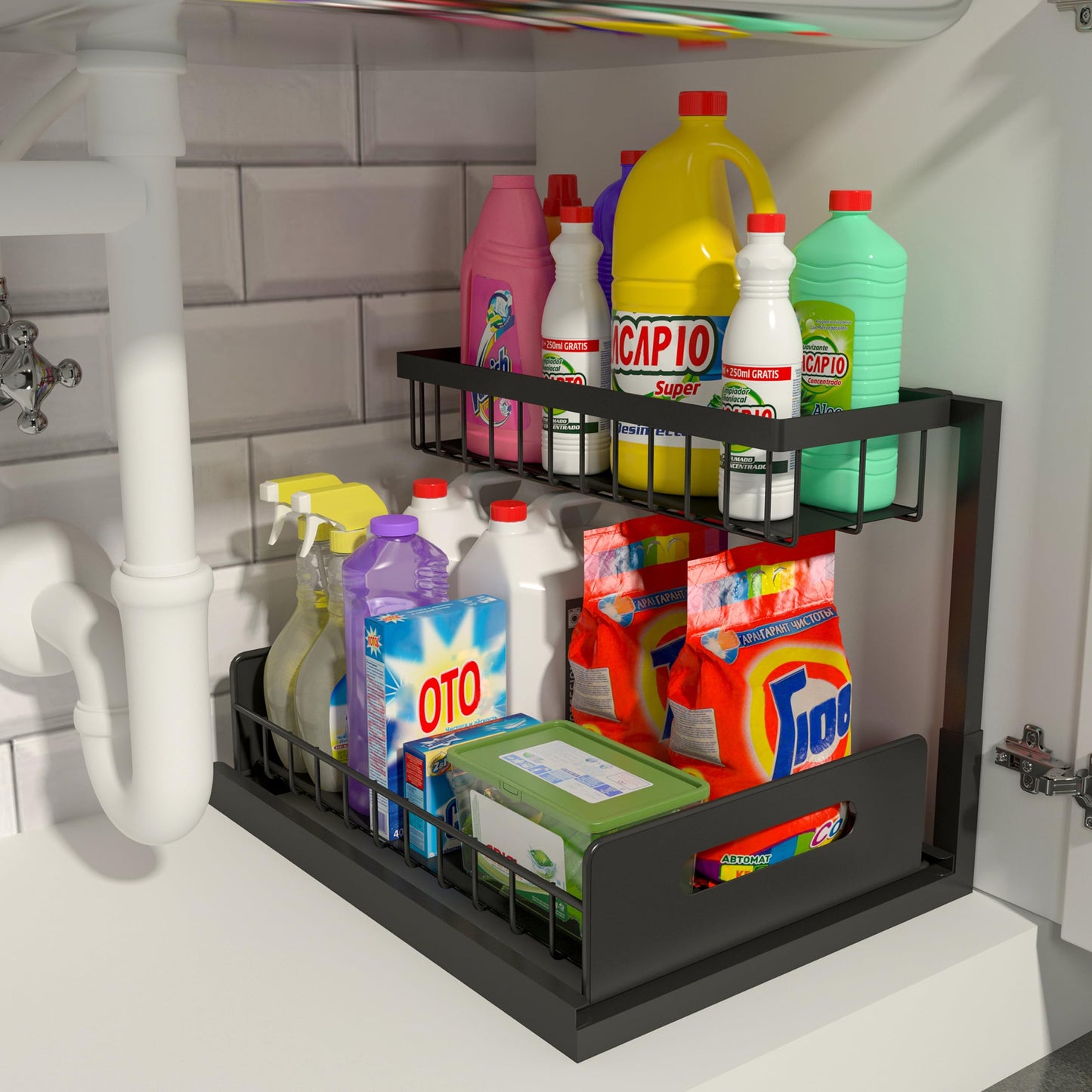 Under Sink Organizer - 2 Tier Slide Out Storage Solution