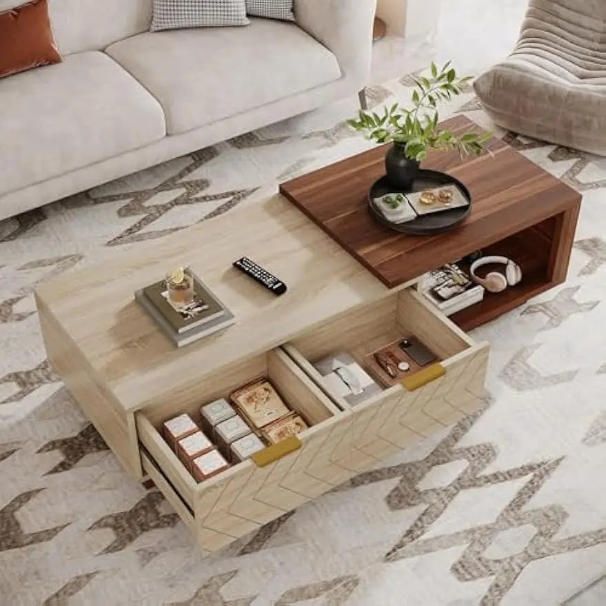 Extendable Wood Coffee Table with Storage & Dual-Tone Design