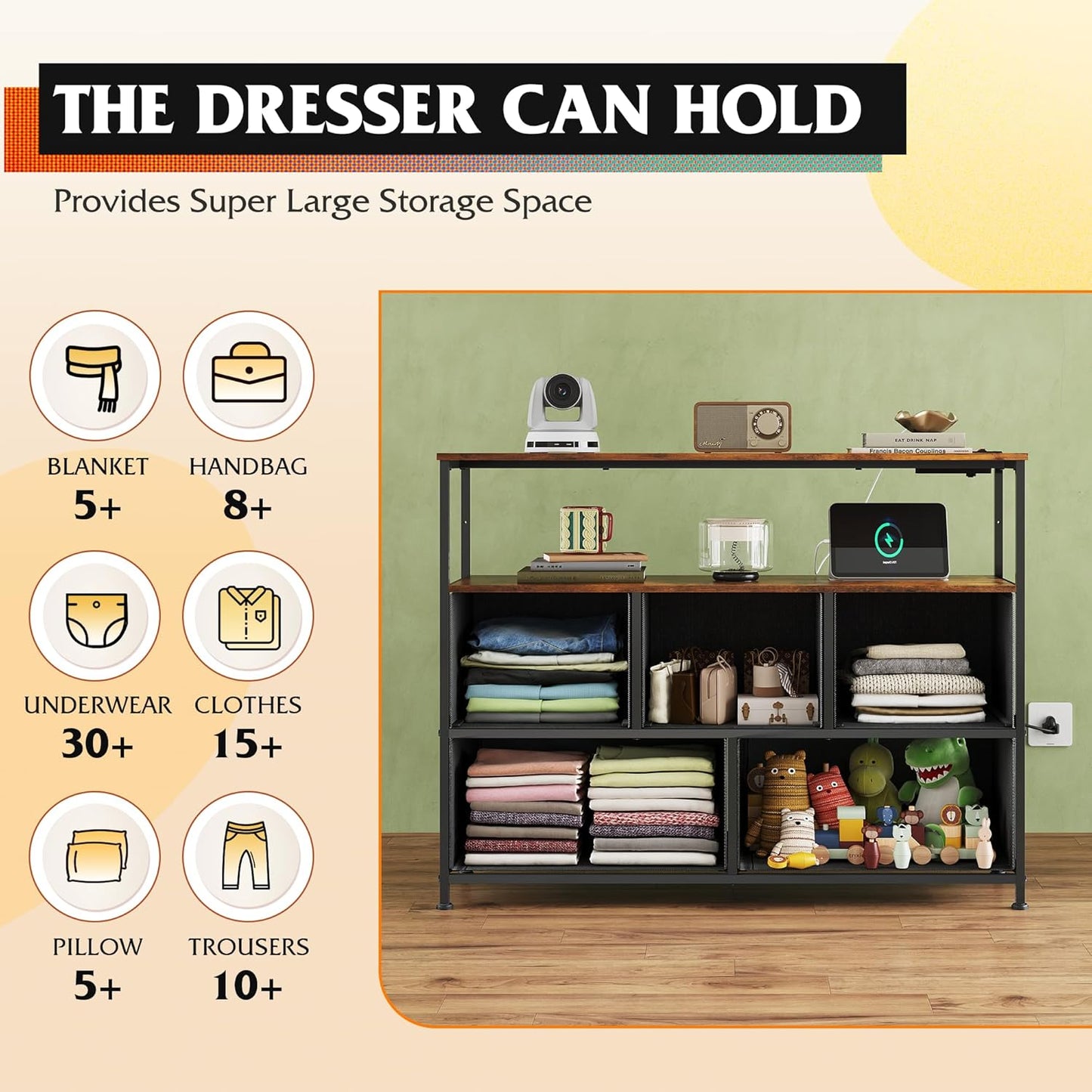 Dresser with Charging Station - 5 Drawer Fabric Chest