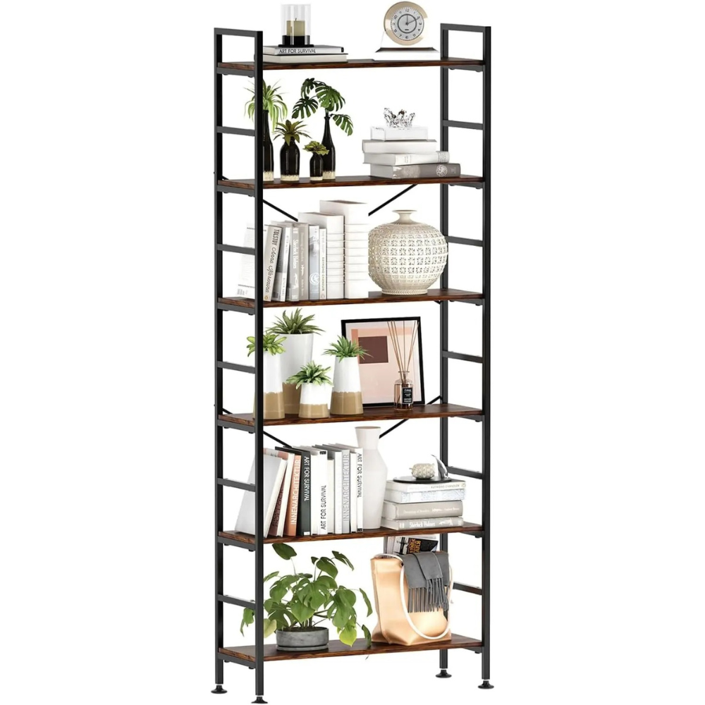 6-Tier Adjustable Bookcase, Rustic Wood & Metal Bookshelf