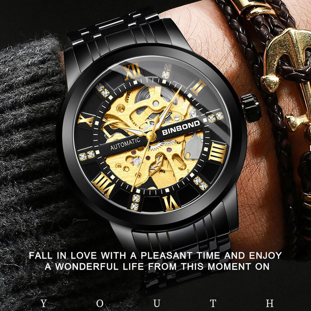 Men's Gold Tone Skeleton Mechanical Automatic Stainless Steel Watch