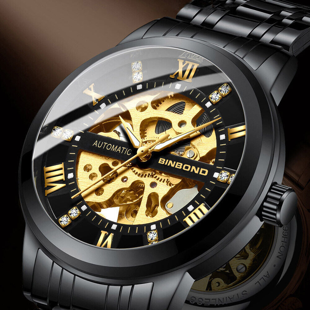 Men's Gold Tone Skeleton Mechanical Automatic Stainless Steel Watch