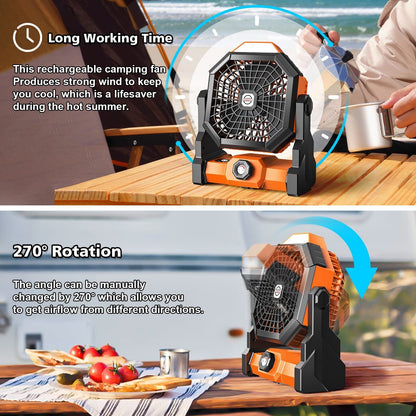 Portable Camping Fan with LED Light & Rechargeable Battery