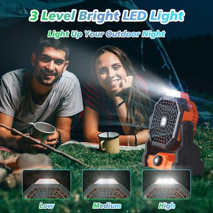 Portable Camping Fan with LED Light & Rechargeable Battery