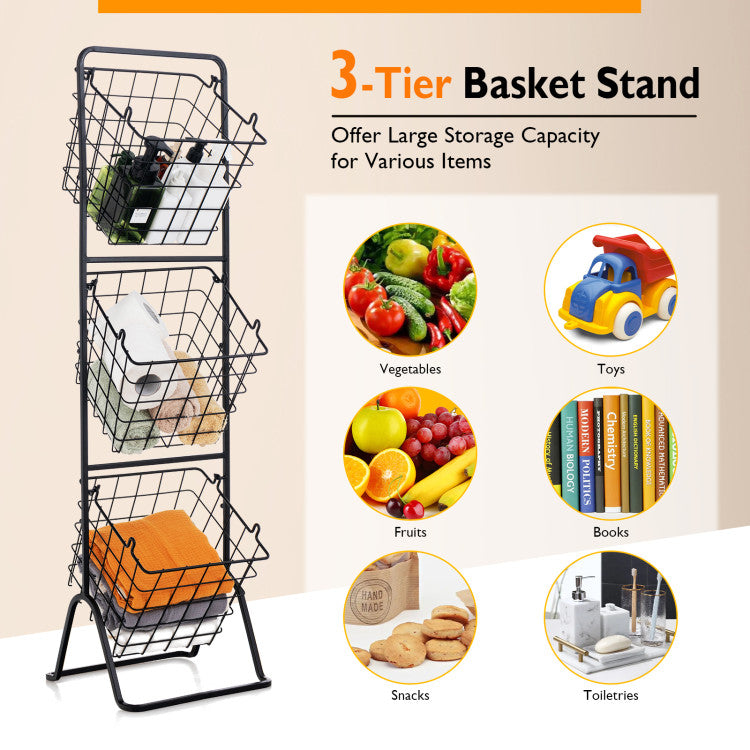 3-Tier Fruit Basket Stand with Adjustable Heights