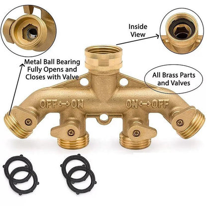 Heavy Duty Hose Splitter 4-Way Garden Shut off Valves All Brass