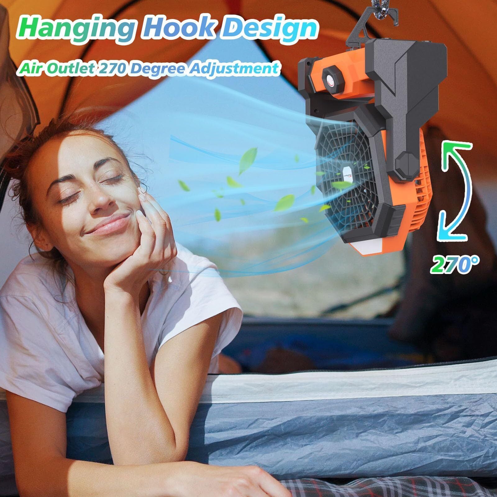 Portable Camping Fan with LED Light & Rechargeable Battery