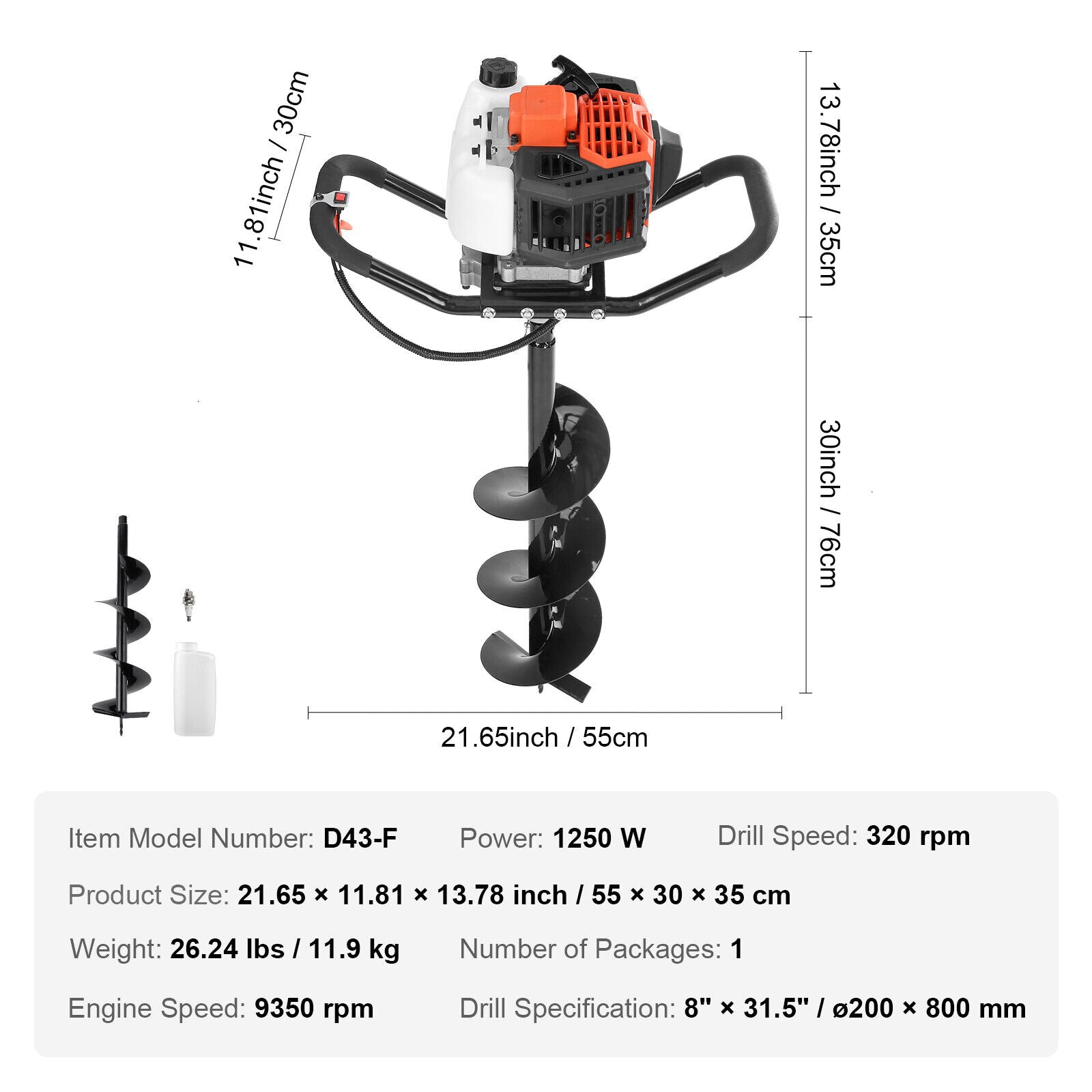 Post Hole Digger 43Cc Gas Powered Earth Digger with 8" Auger Drill Bit