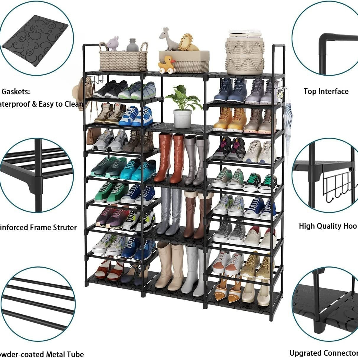 9-Tier Metal Shoe Rack — 50-Pair Freestanding Shoe Organizer