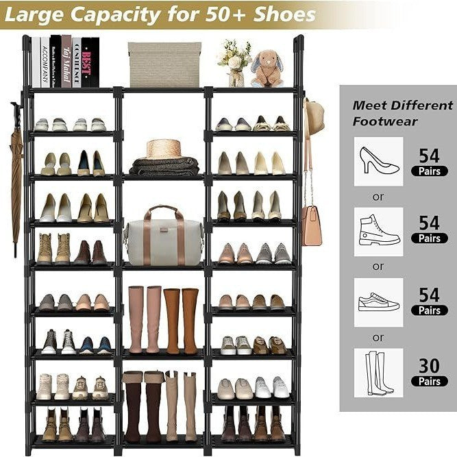 9-Tier Metal Shoe Rack — 50-Pair Freestanding Shoe Organizer