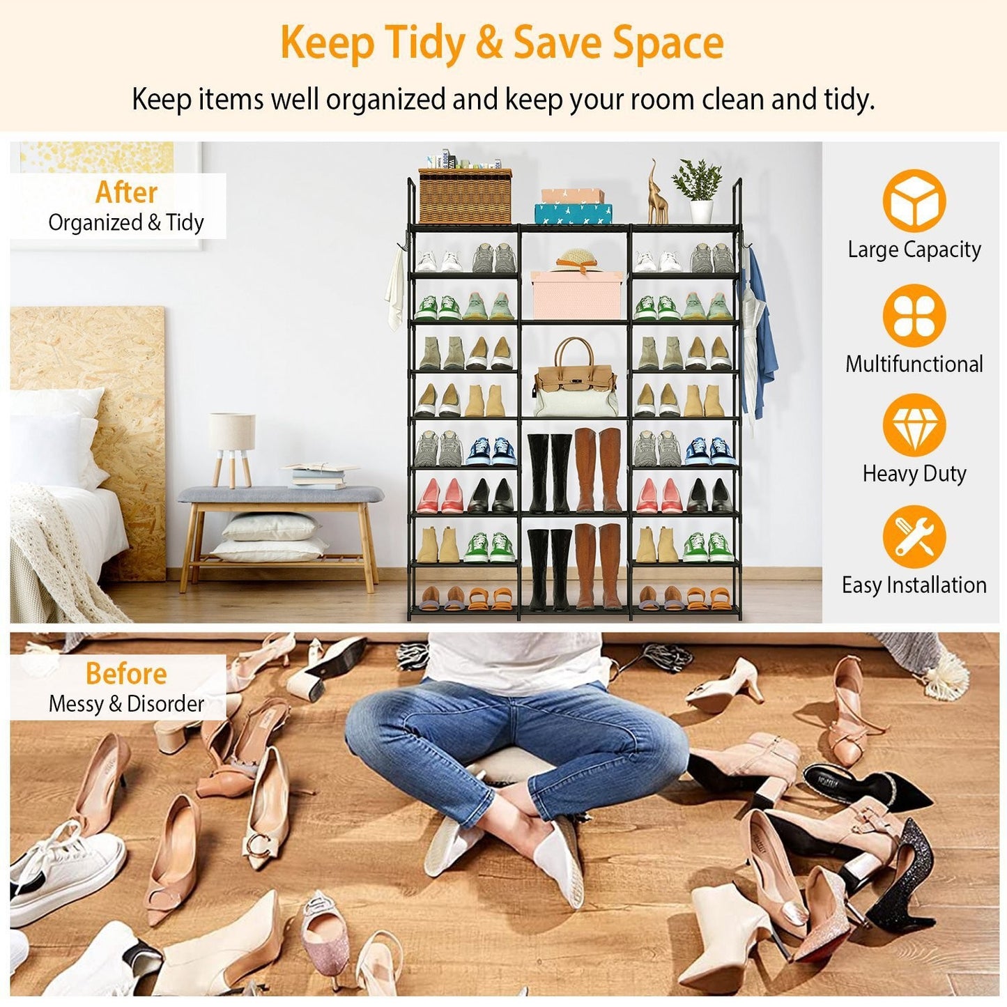 9-Tier Metal Shoe Rack — 50-Pair Freestanding Shoe Organizer