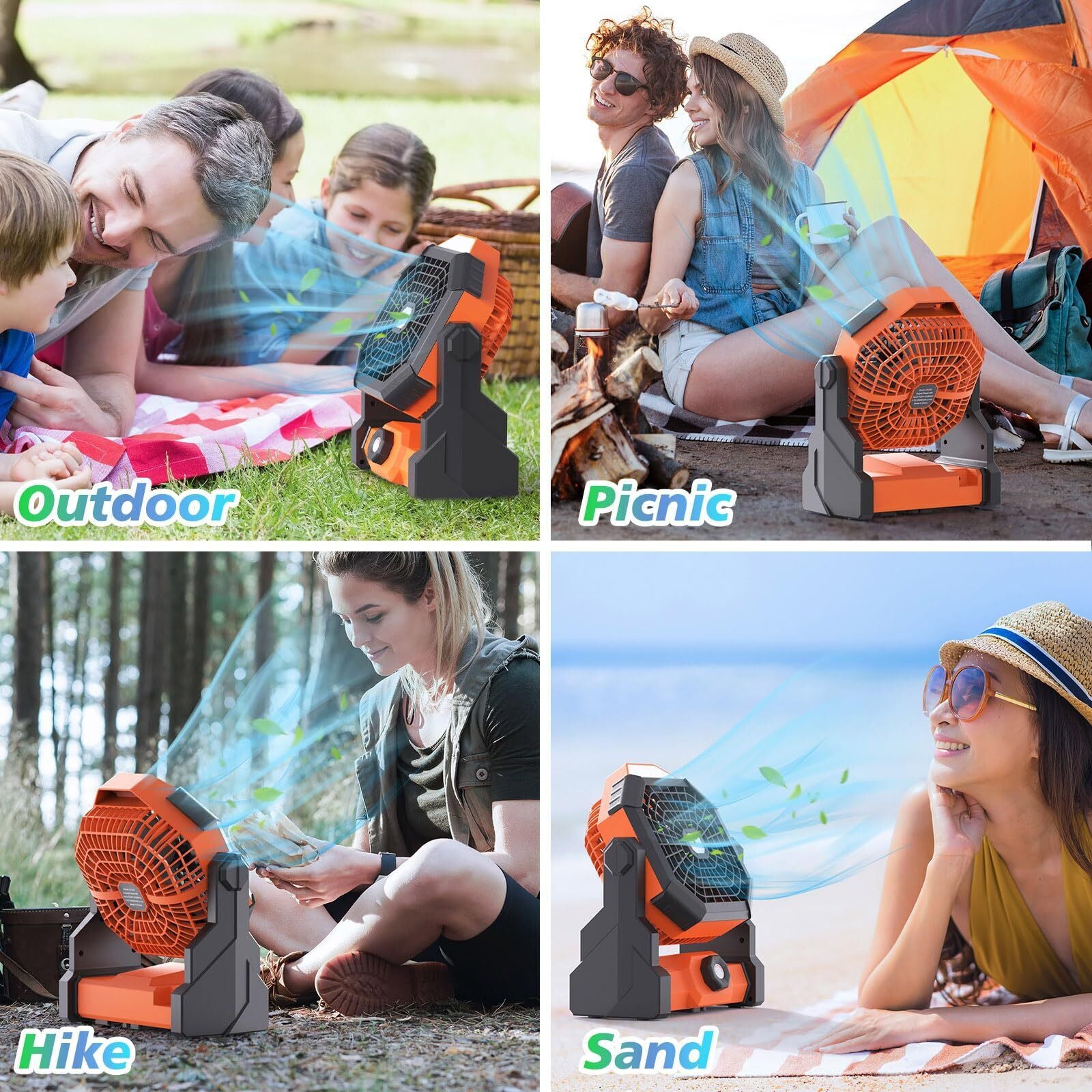 Portable Camping Fan with LED Light & Rechargeable Battery