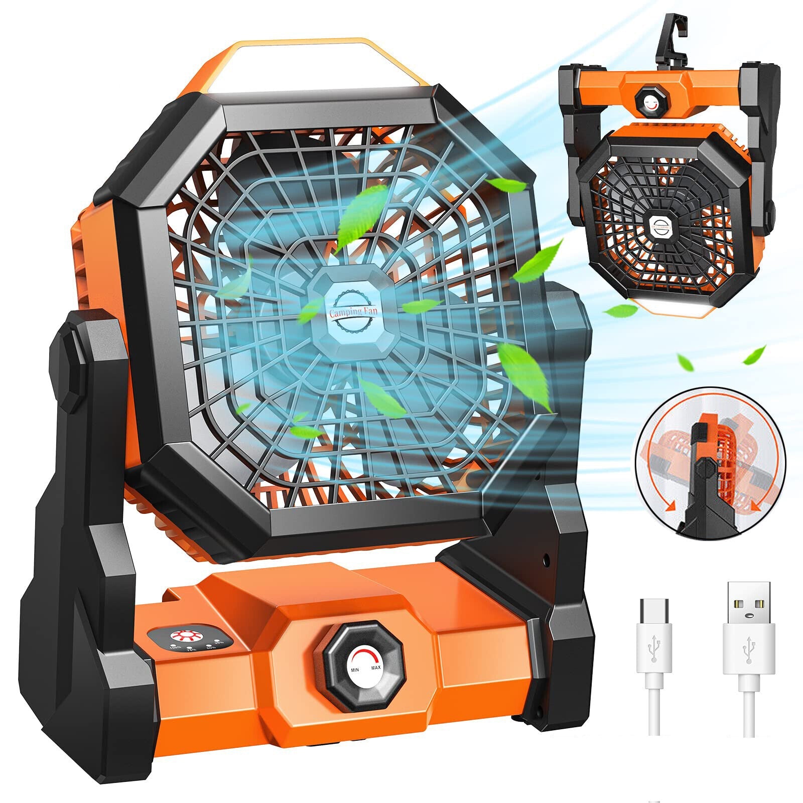 Portable Camping Fan with LED Light & Rechargeable Battery