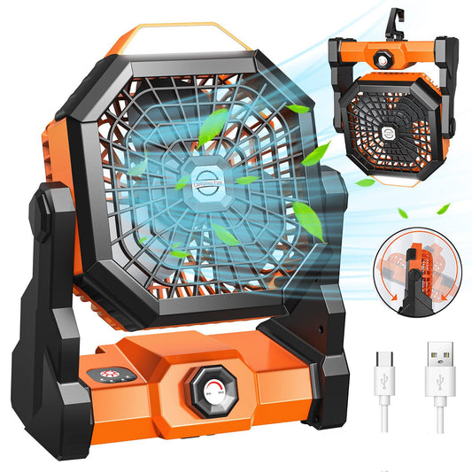 Portable Camping Fan with LED Light & Rechargeable Battery