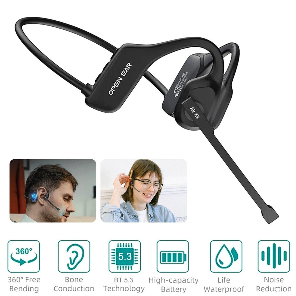 Bluetooth 5.3 Open Ear Wireless Headset with Dual Noise Cancelling Mic