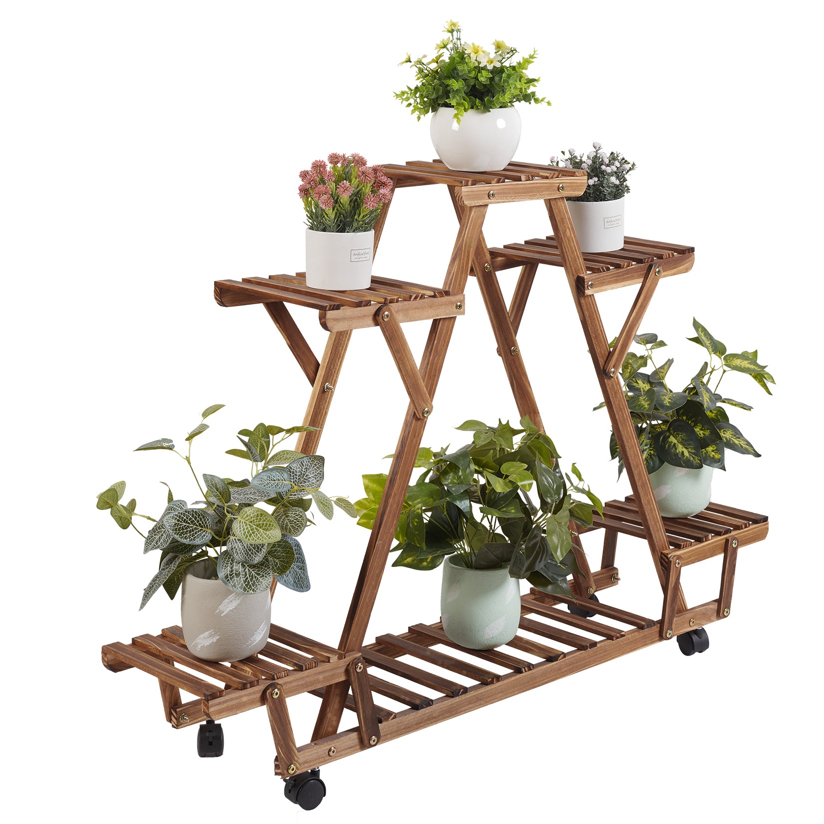 Triangular Plant Shelf with Wheels - Carbonized Wood Stand