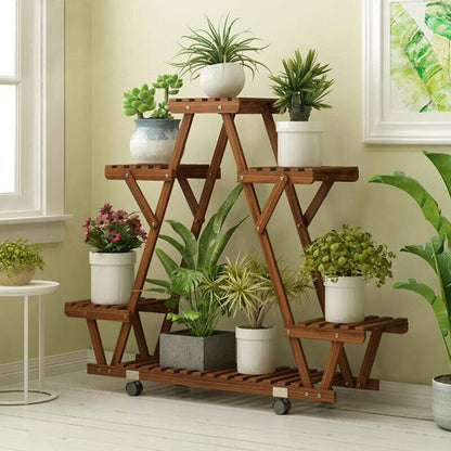 Triangular Plant Shelf with Wheels - Carbonized Wood Stand